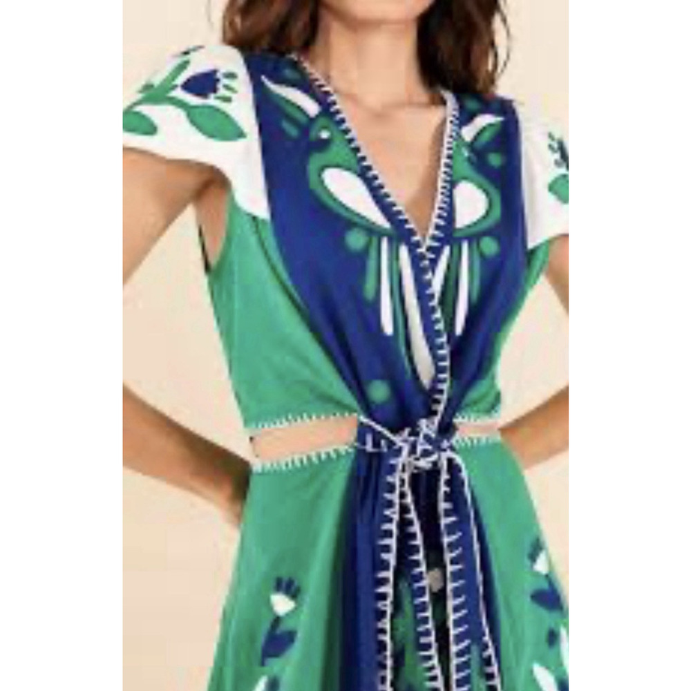 FARM RIO SOFT GARDEN BLUE GREEN FLORAL MIDI DRESS BELTED LINEN BLEND XL - Picture 2 of 10